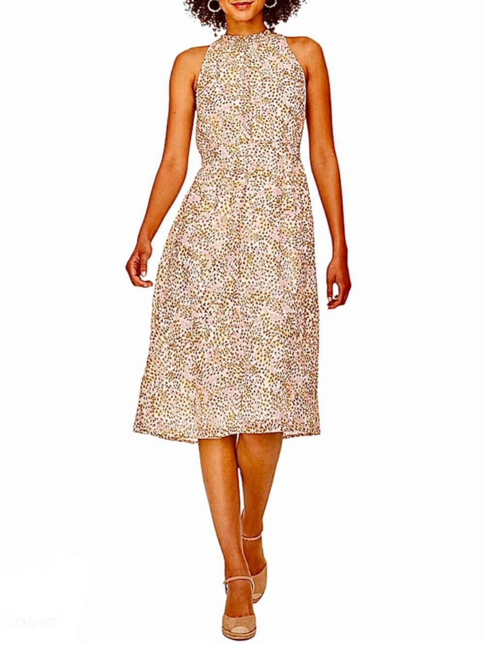 Loft sleeveless ruffle neck floral midi dress